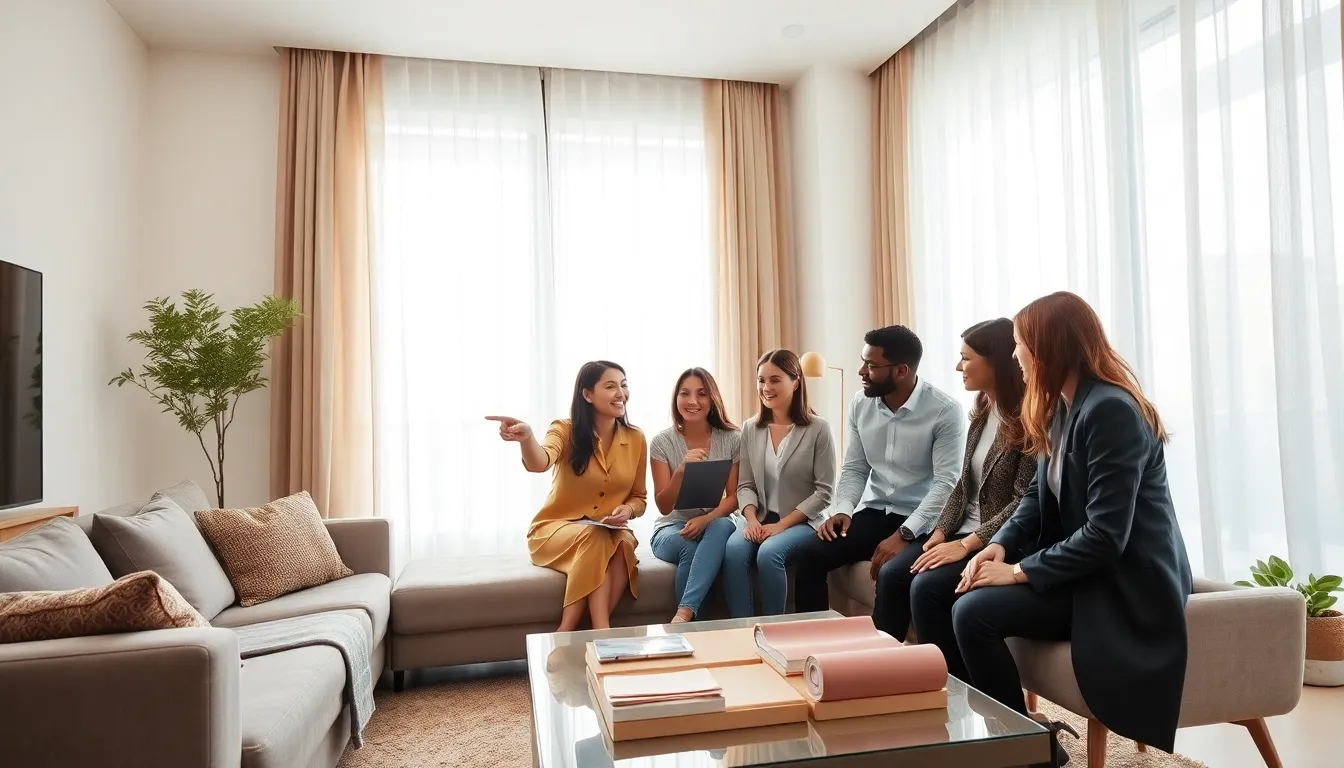 professionals discussing the benefits of net curtains in a modern living room.