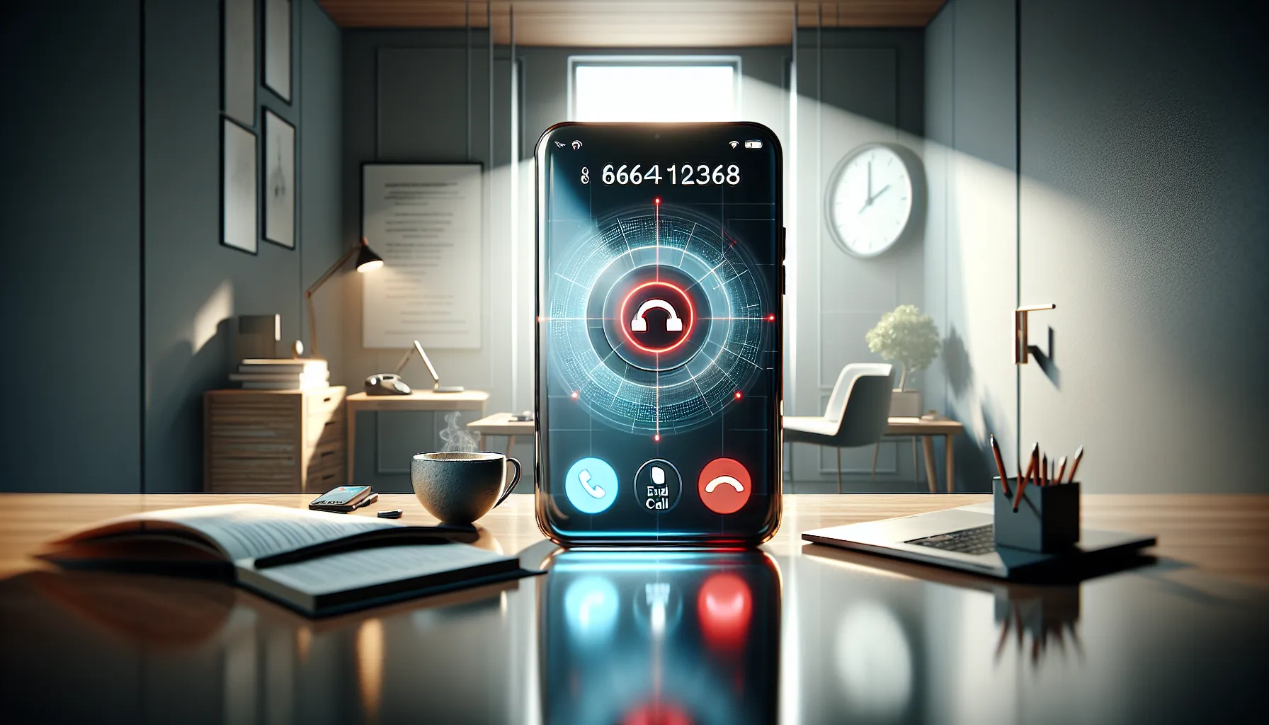 modern smartphone receiving an unwanted call in a tidy office setting.