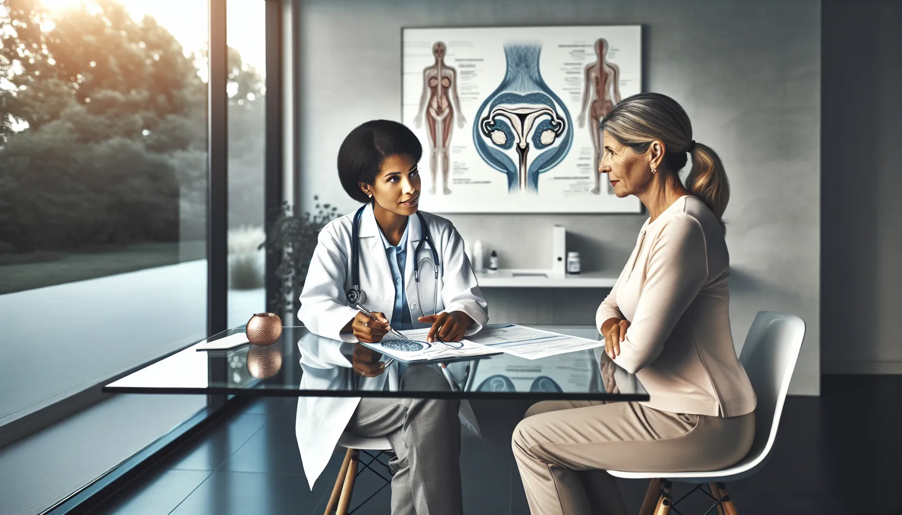 Female doctor consulting with patient about hysterectomy procedures in modern medical office