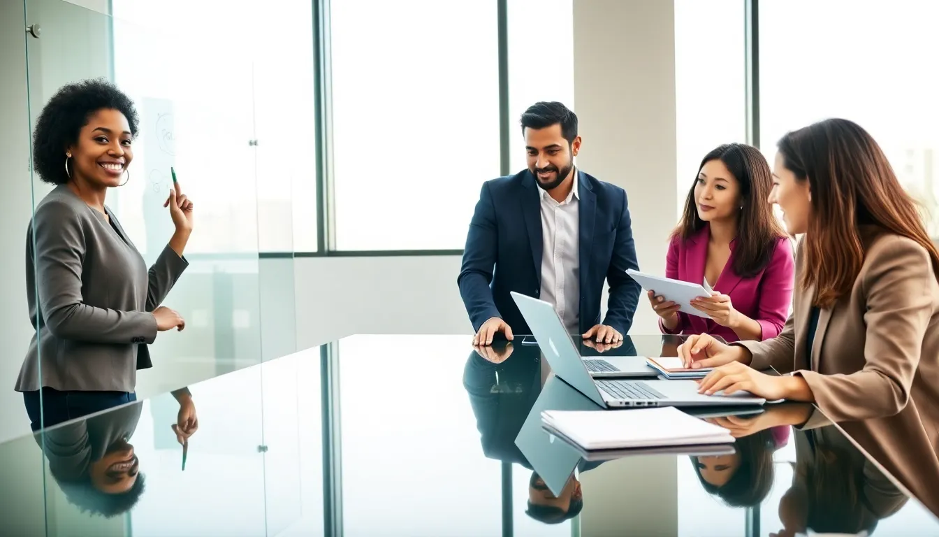 diverse team brainstorming in a modern office.