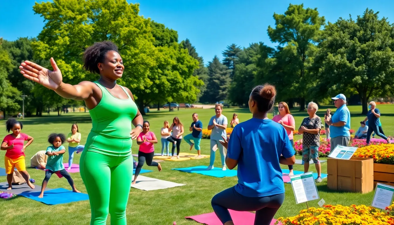 a diverse group practicing yoga in a sunlit park for community wellness.