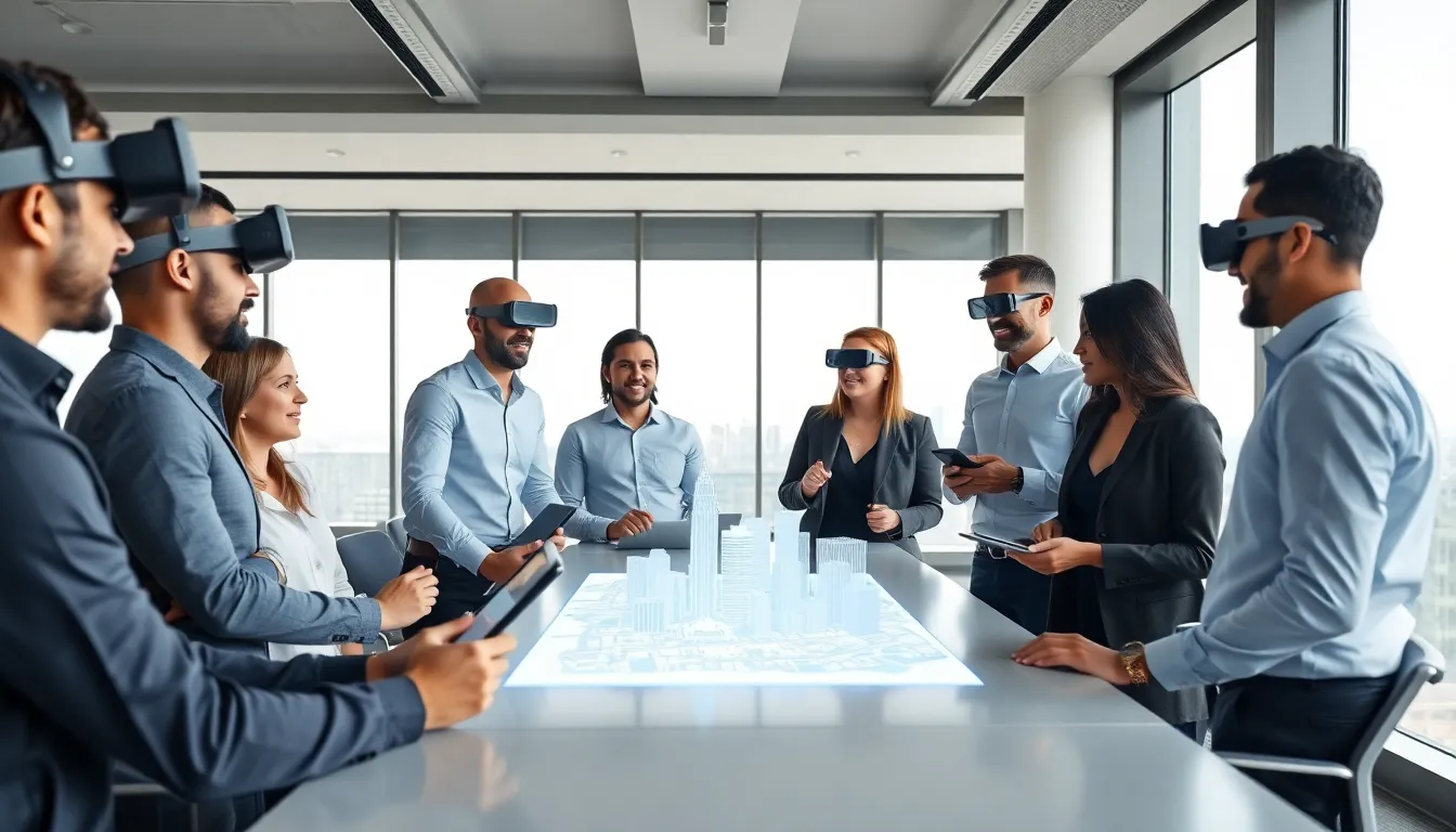 diverse team of augmented reality experts collaborating in a modern office.