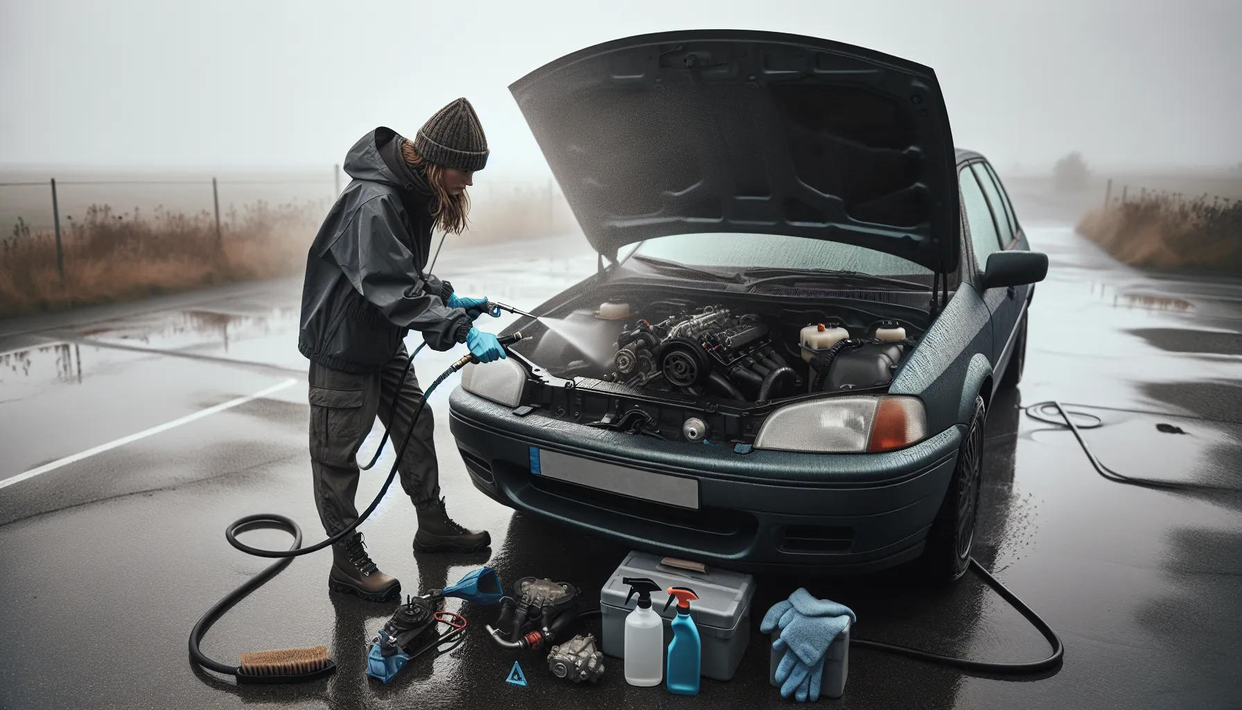 Slik rengjør du bilens motor trygt 1 Norwegian car owner carefully low-pressure cleaning a cold engine in shaded wash bay.