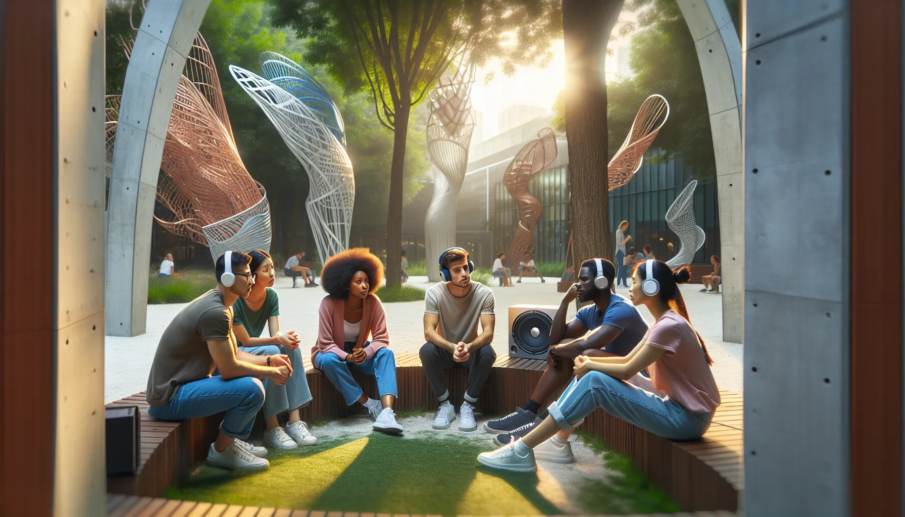 diverse group reflecting on emotions in an urban park.