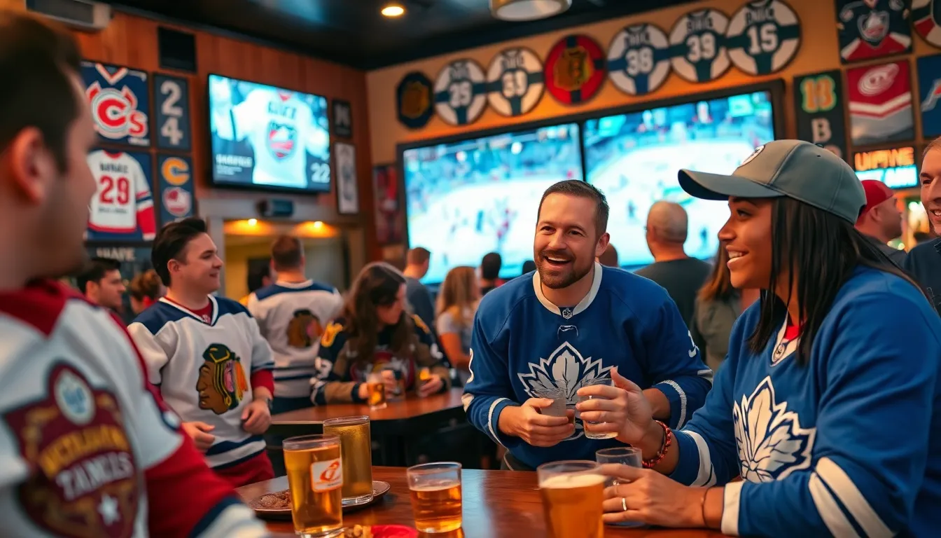 hockey fans enjoying a game in a lively sports bar.