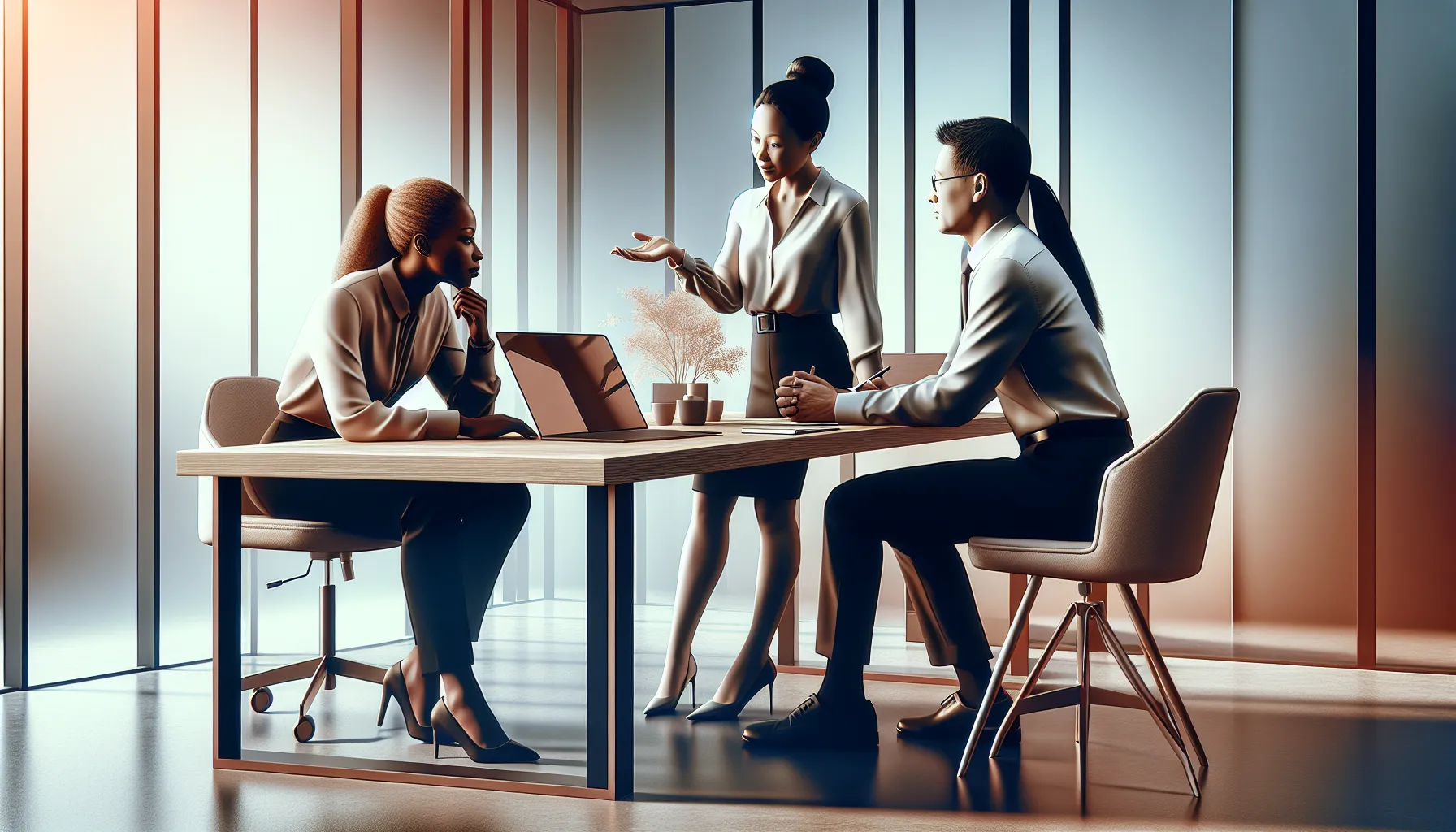 diverse team collaborating over laptop guides in a modern office.