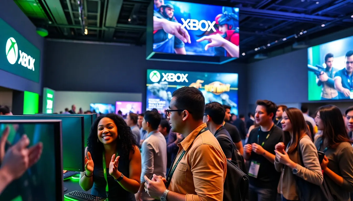 diverse team engaged in discussions at an Xbox gaming event.