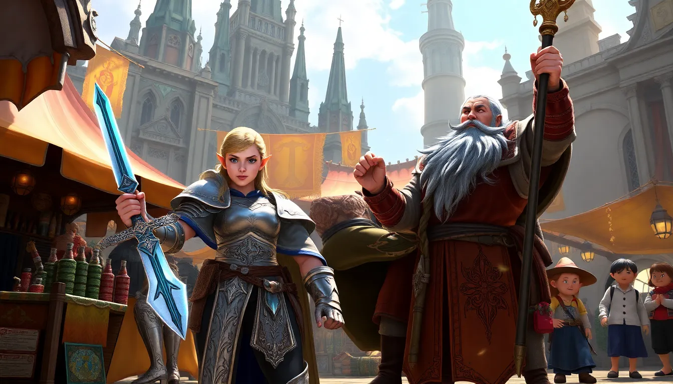 four adventurers in a Neverwinter marketplace, showcasing fantasy elements.
