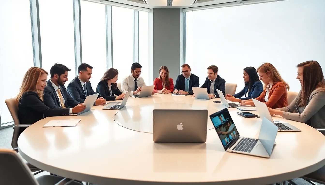 diverse professionals collaborating in a modern conference setting.