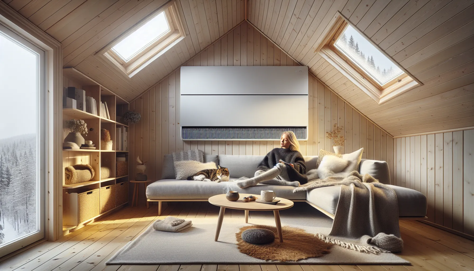 Fordeler og ulemper med infrarød oppvarming 2 Woman relaxing under ceiling infrared panel in nordic living room, winter outside.