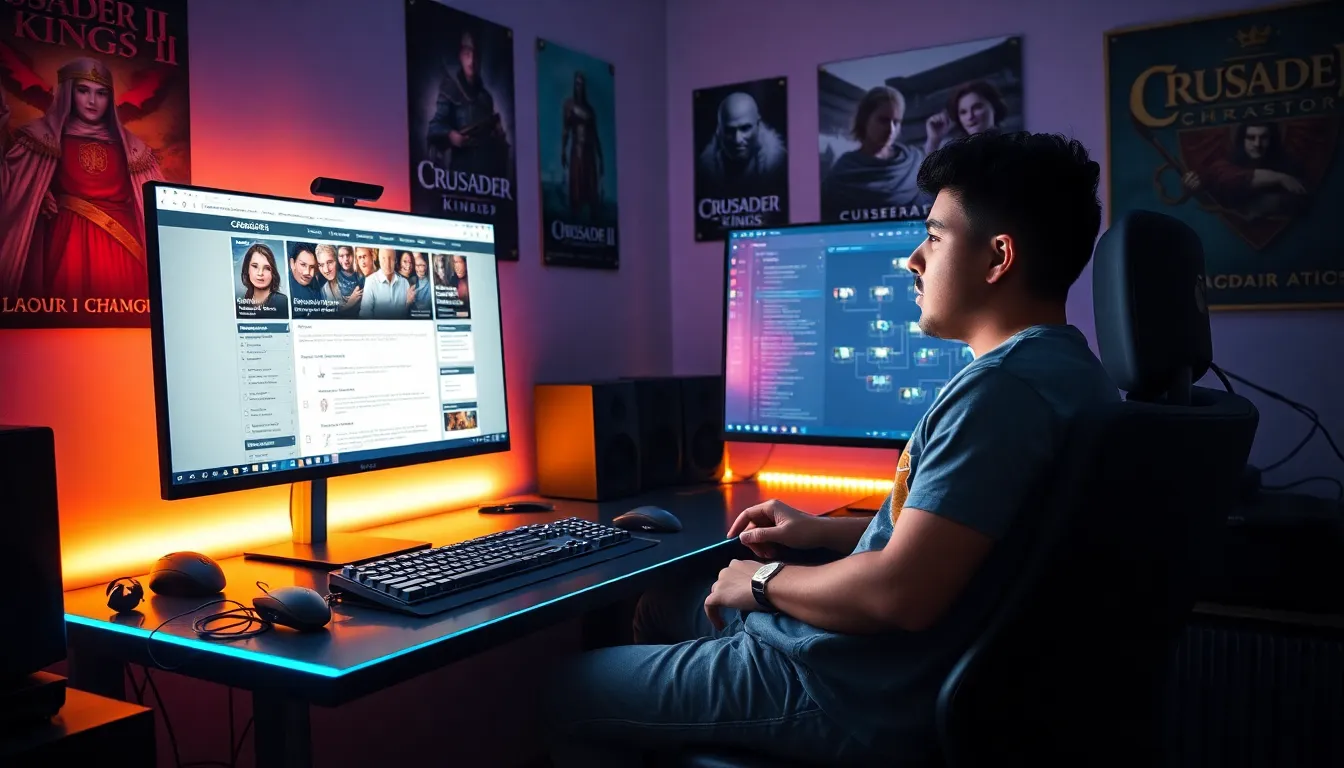 a young man creating a character at an organized gaming desk.