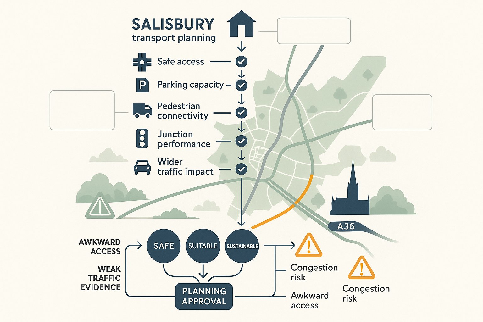 Infographic showing transport planning risks and development access issues in Salisbury.