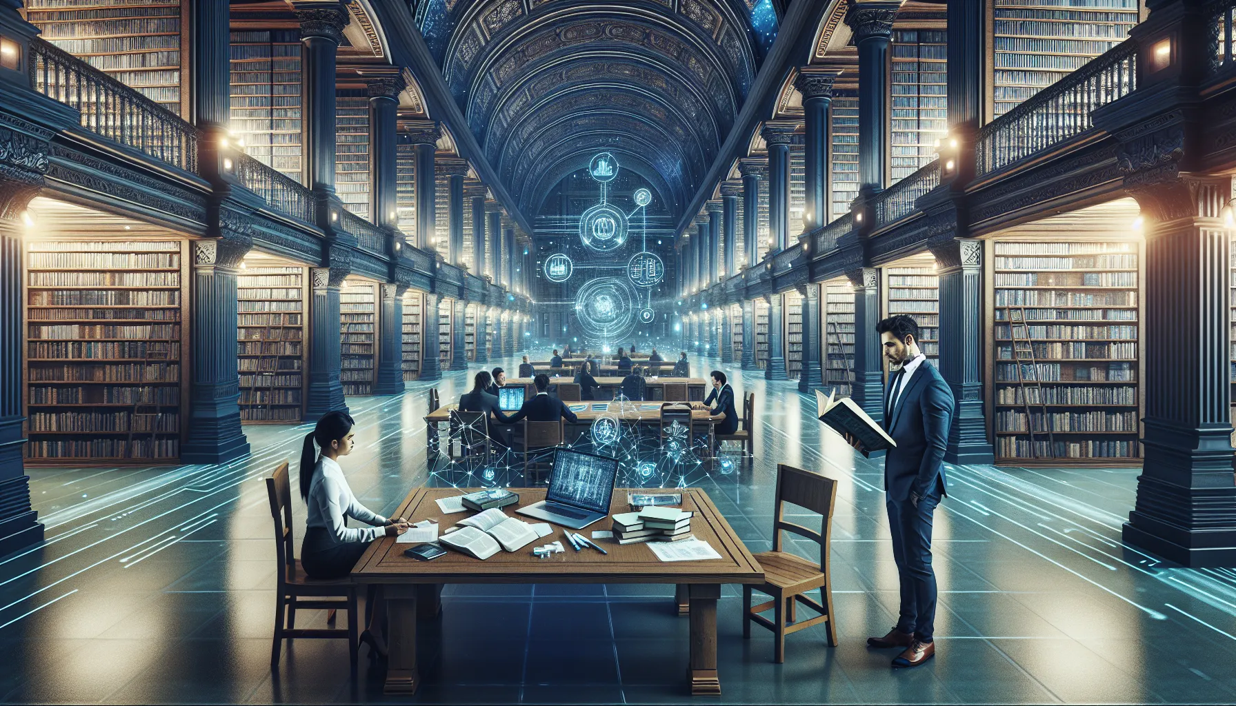 Two individuals exhibiting academic and practical research dedication in a library.