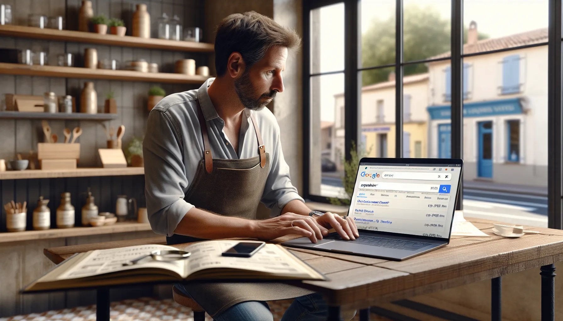 Local shop owner in Santeny checking his Google visibility on a laptop.