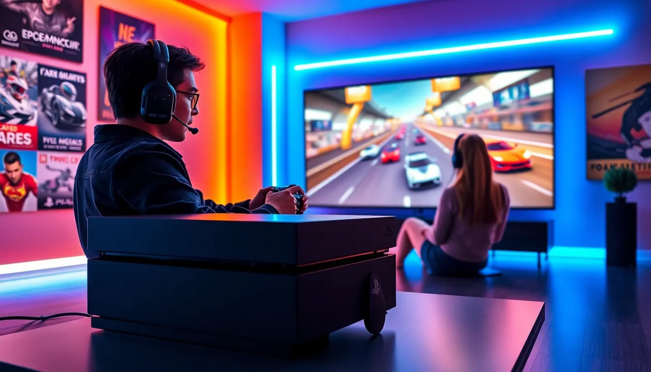 two gamers in a modern setup playing racing games on PS4.