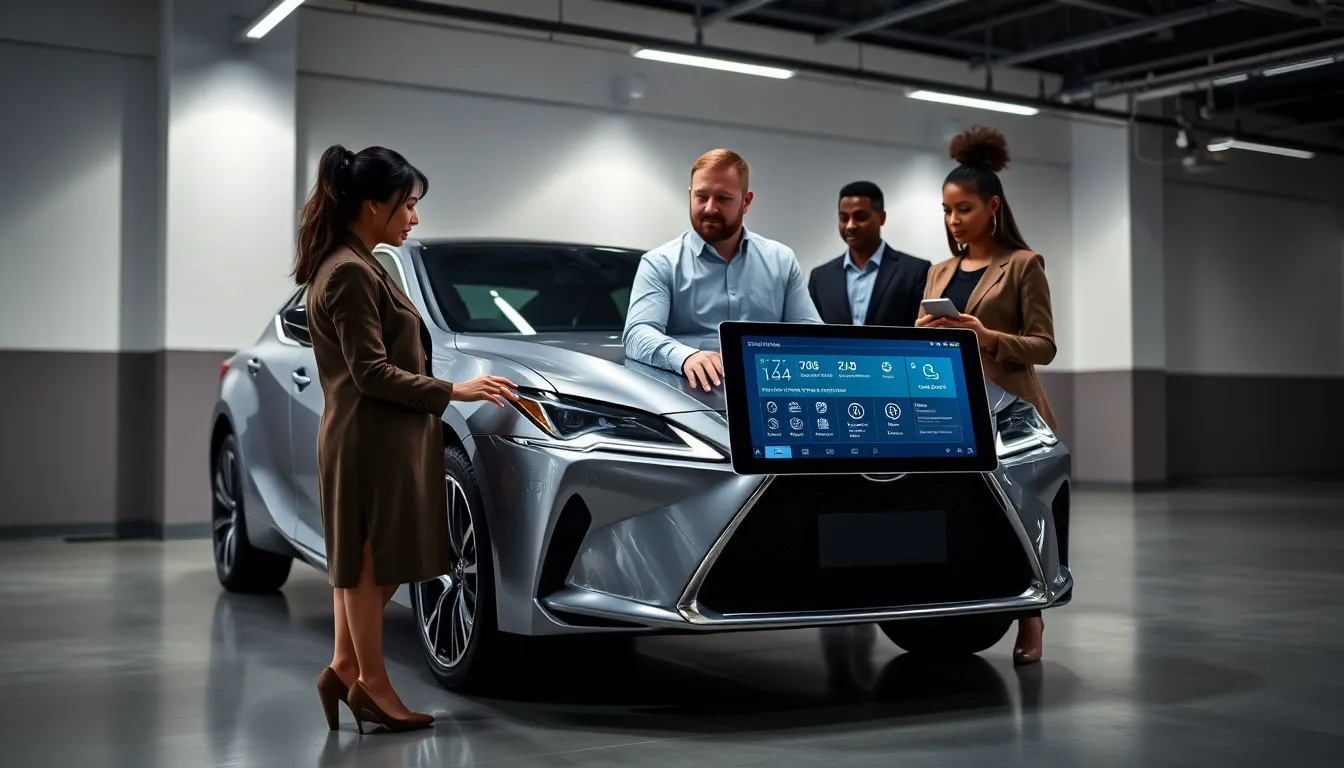 professionals discussing a Lexus software update in a modern garage.