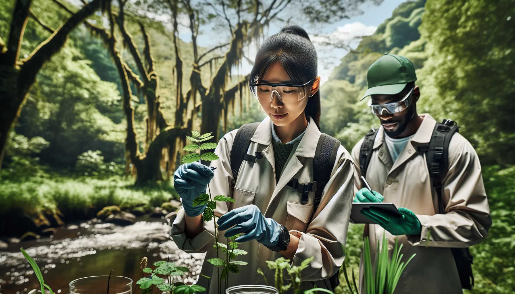 scientists studying biodiversity in a lush natural setting.