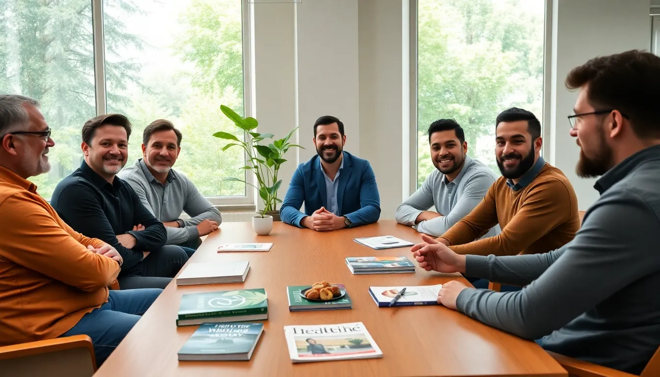 men discussing wellness in a modern office setting.