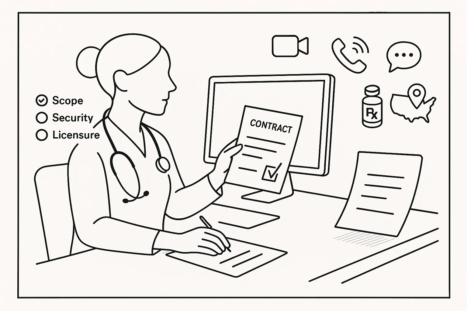 Nurse practitioner at computer holding a contract with telehealth icons.