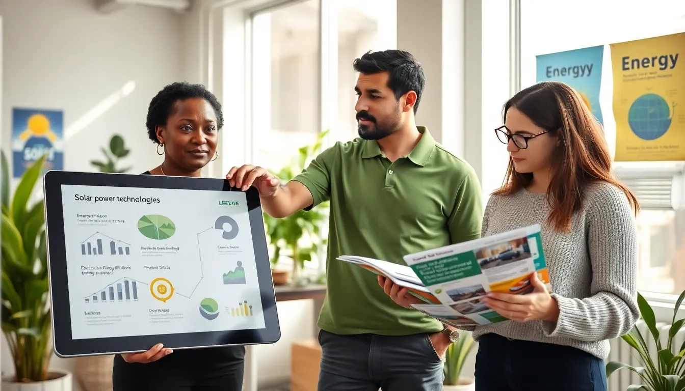 Professionals discussing solar energy solutions in a modern workspace.