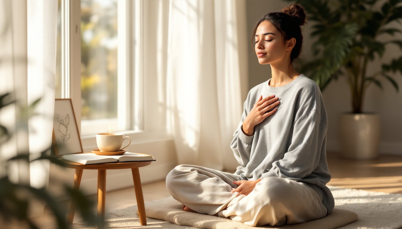 A woman meditating beside a journal, candle, and tea in morning sunlight.