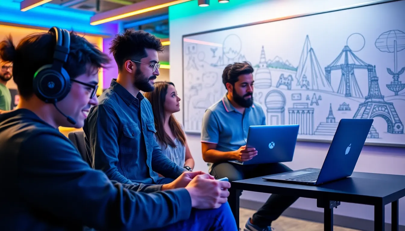 diverse gamers designing virtual worlds in a modern setting.