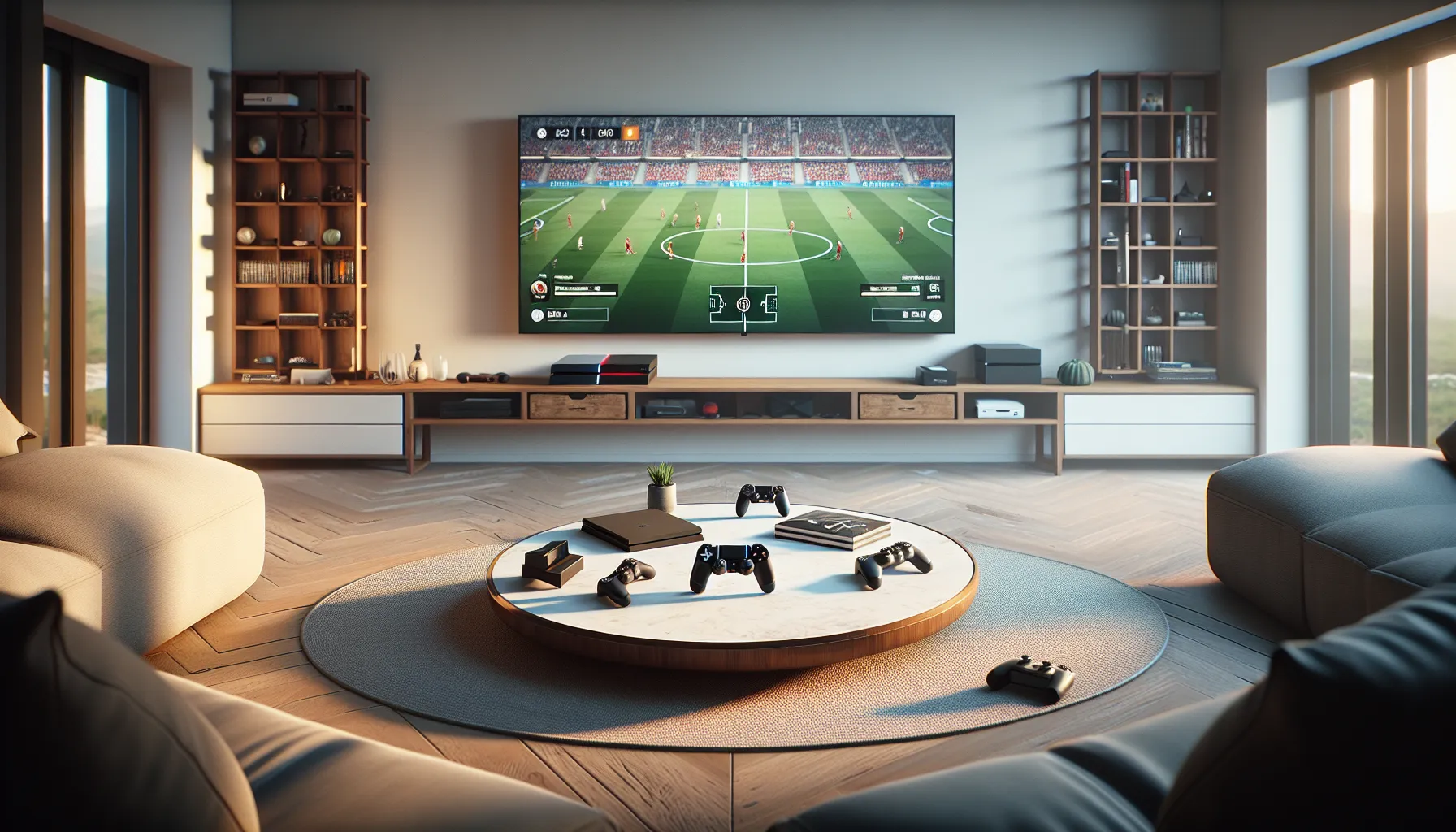 A PlayStation and Xbox console on a modern coffee table in a living room.