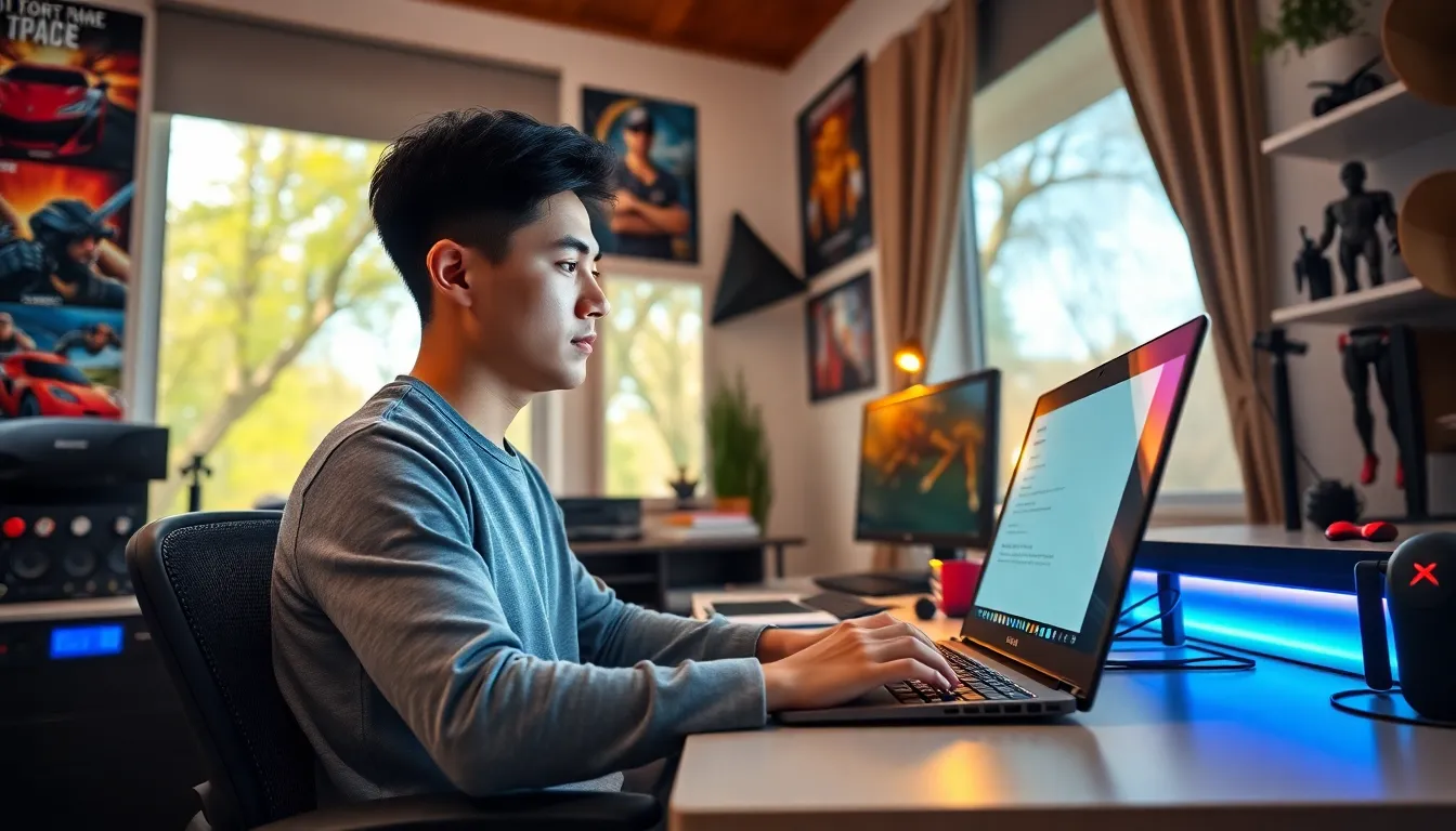 a young man engaging with the gaming community in a well-decorated home office.