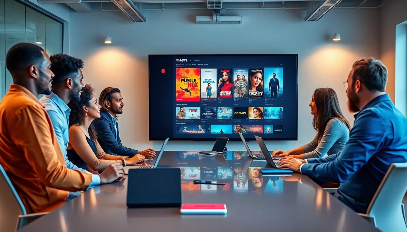 diverse team discussing films on a digital platform in a modern office.