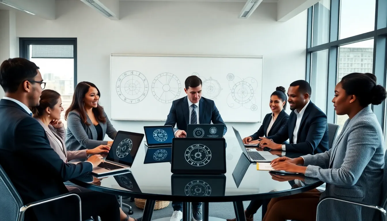 diverse professionals discussing astrology in a modern office.