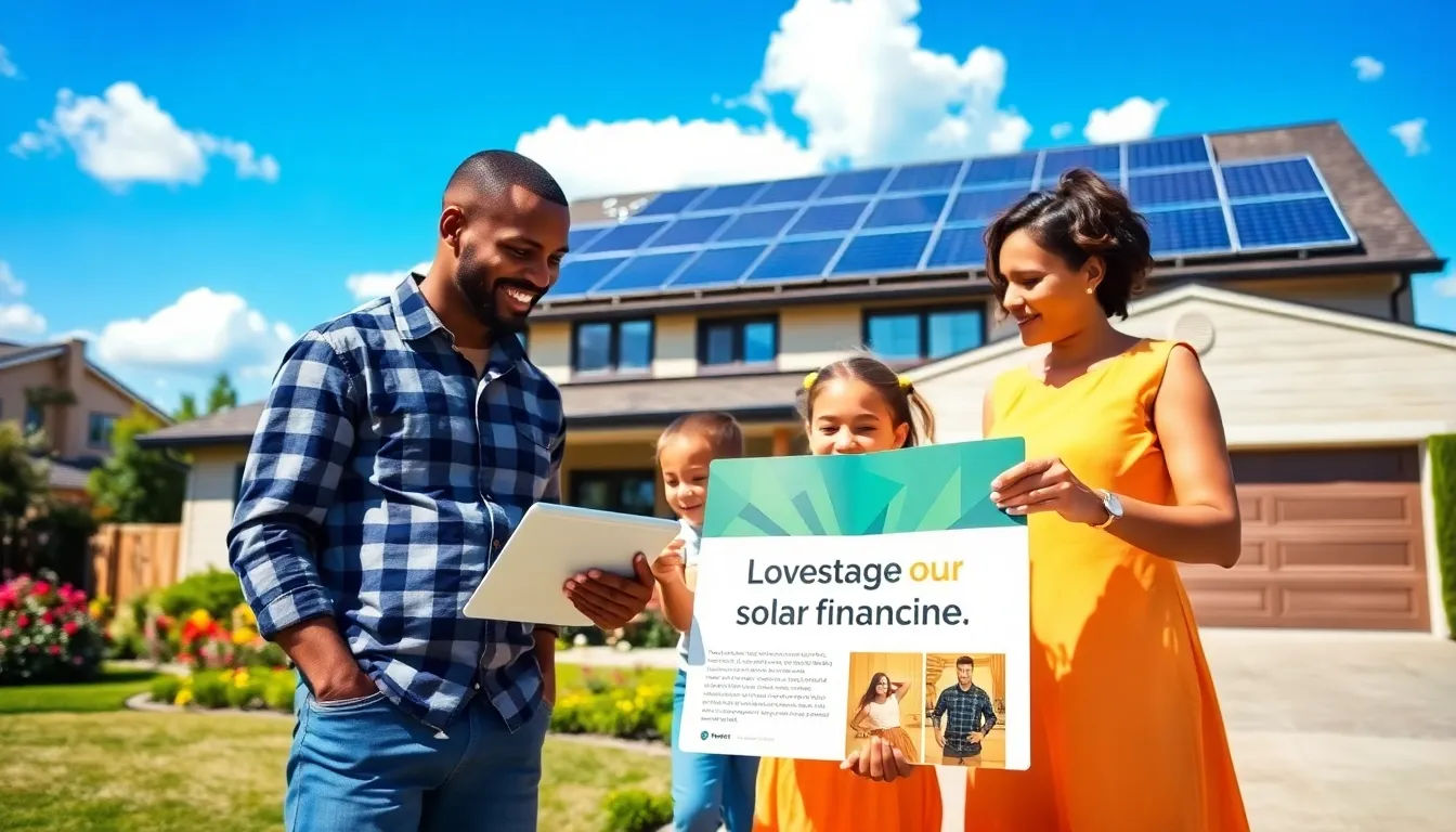a family discussing solar financing in front of their solar-equipped home.