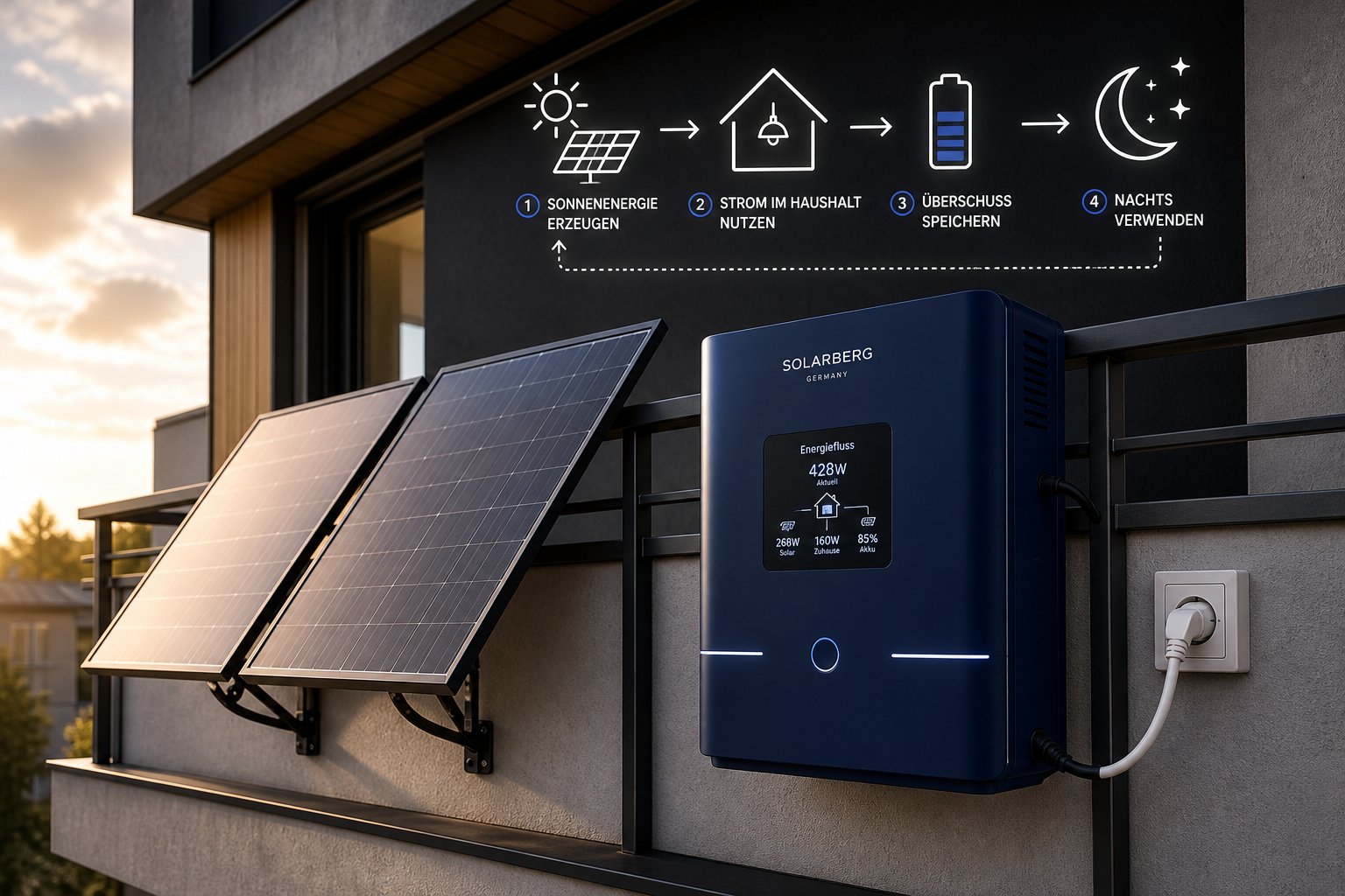 Solarmodule und Batteriespeicher mit Anschluss an einem Balkon
