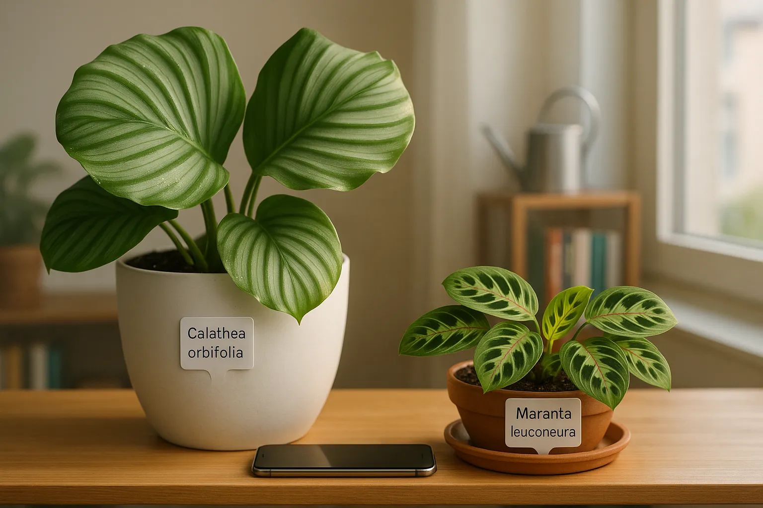 Side-by-side Calathea orbifolia and Maranta leuconeura on a sunlit shelf.