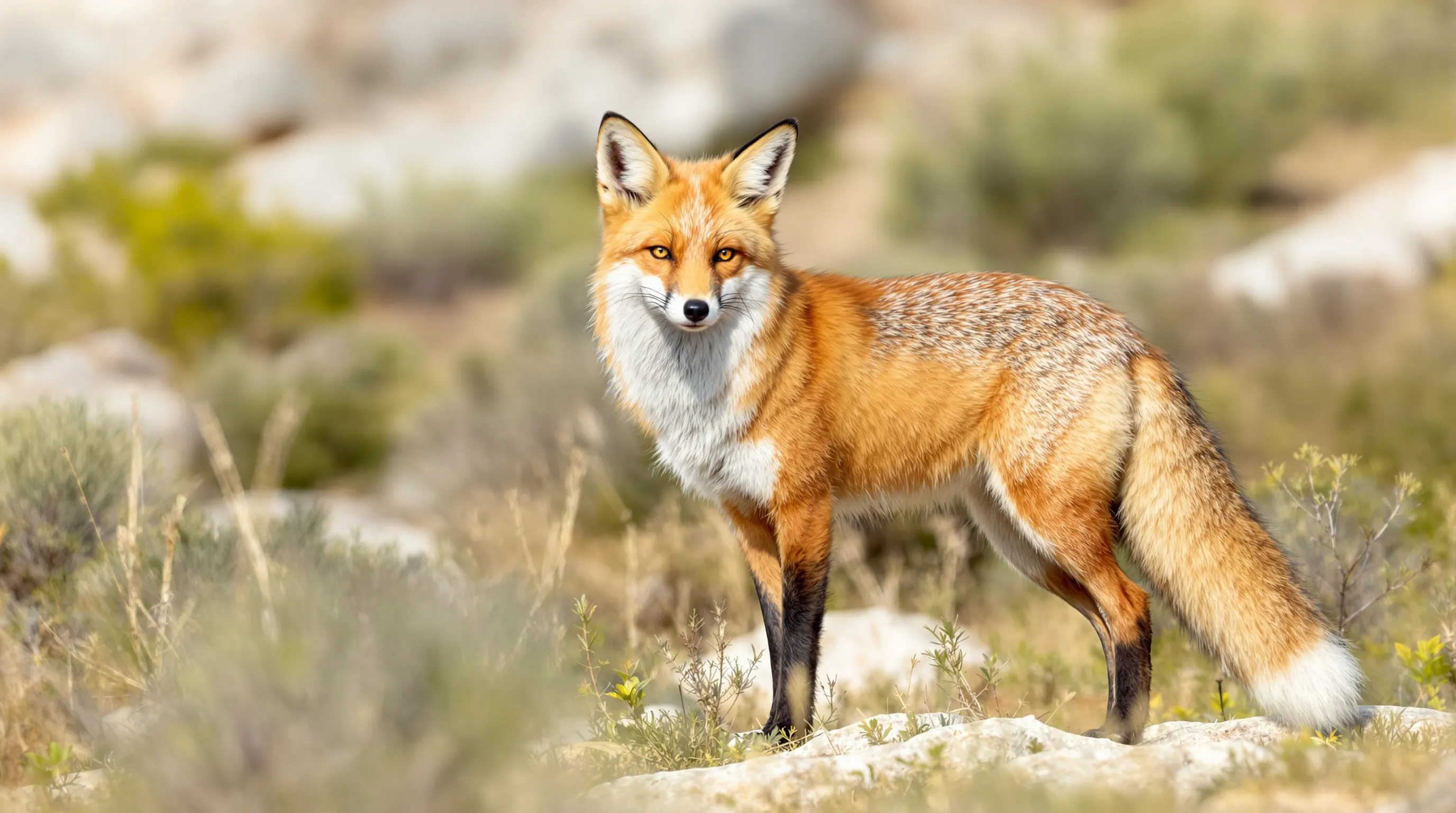 Red fox in Croatia with vertical pupils and white-tipped tail in profile.