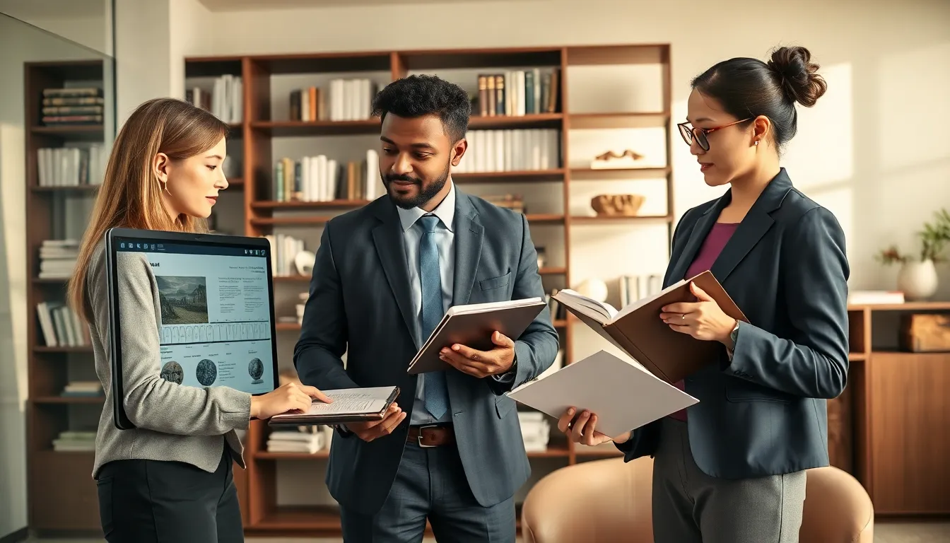diverse team discussing historical concepts in a modern office.