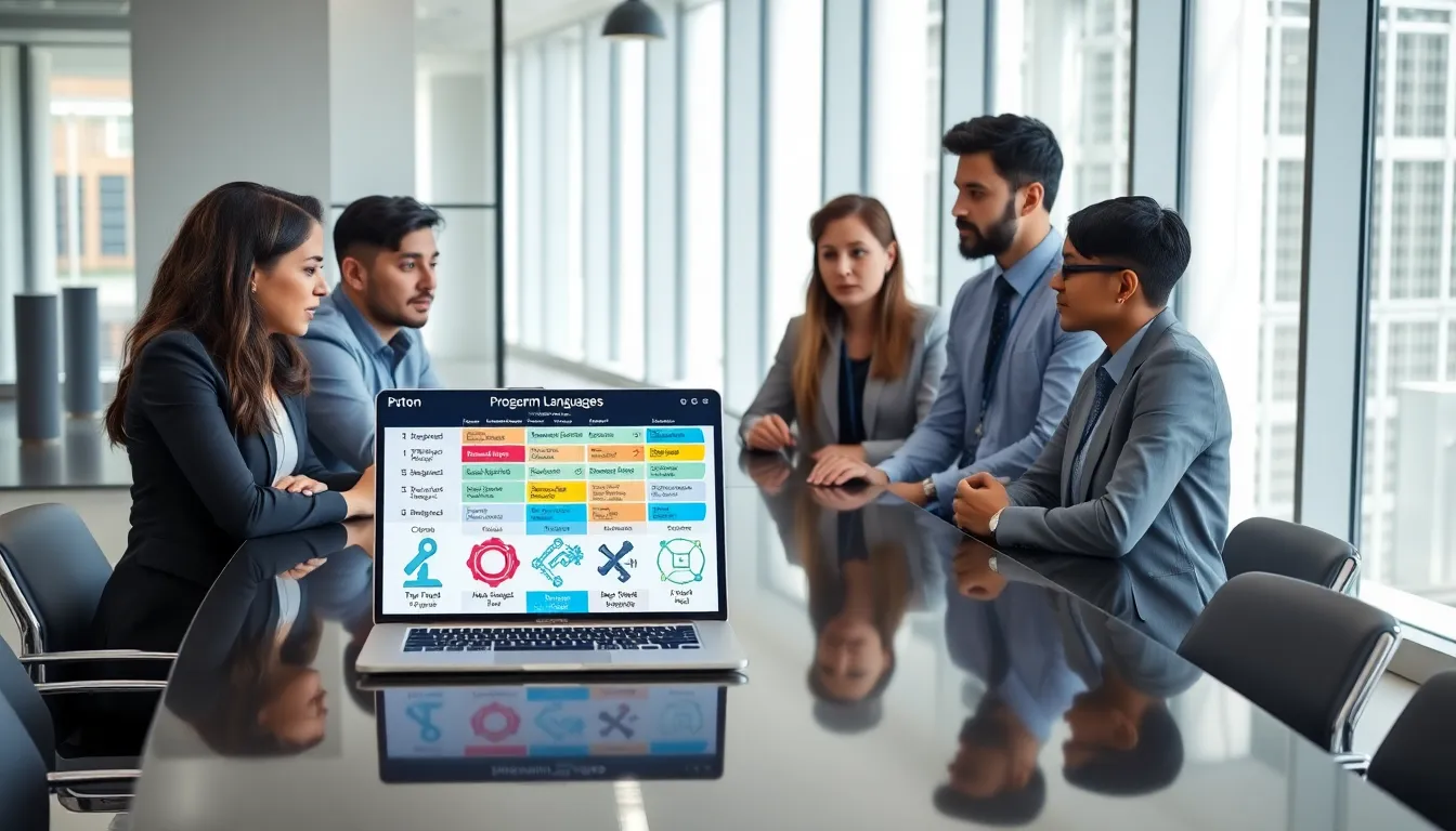 diverse programmers discussing programming languages in a modern office.