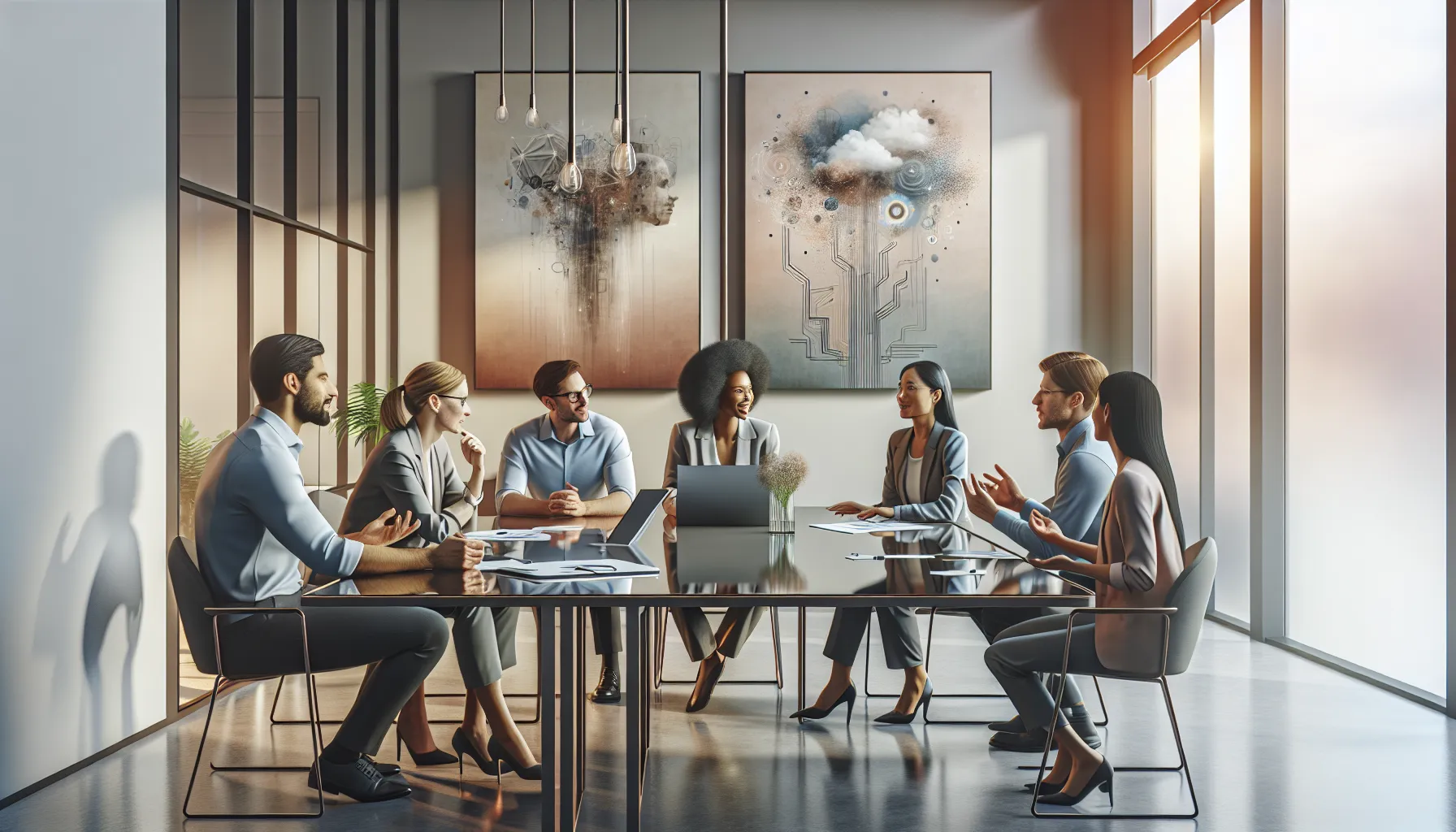 diverse professionals discussing emotional connections in a modern office.