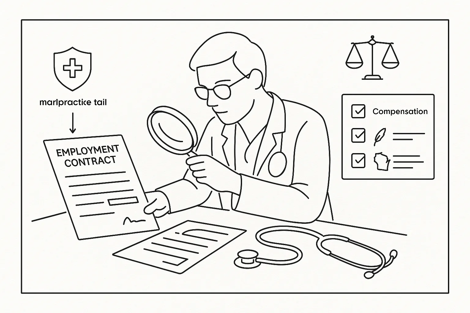 Physician assistant examining a contract with Wisconsin outline and checklist icons of Wisconsin Physician Assistant Contract Review.
