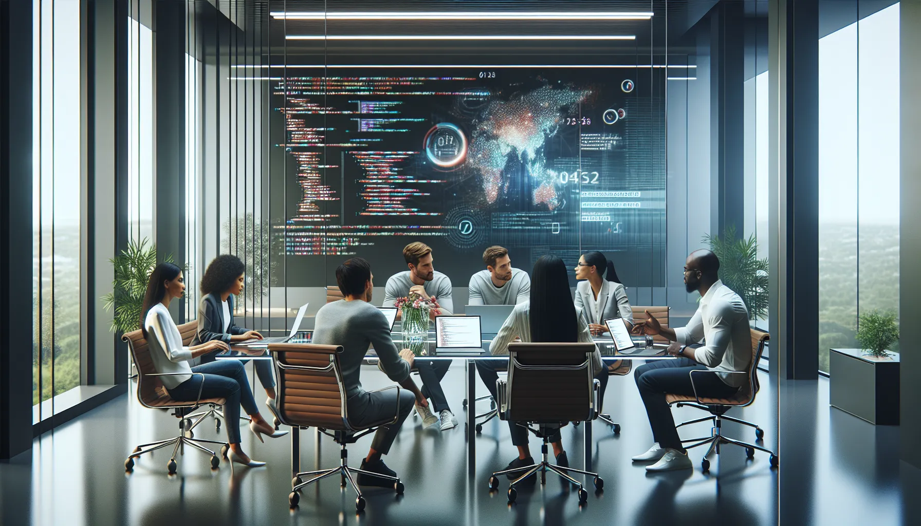 diverse tech team collaborating in a modern office setting.
