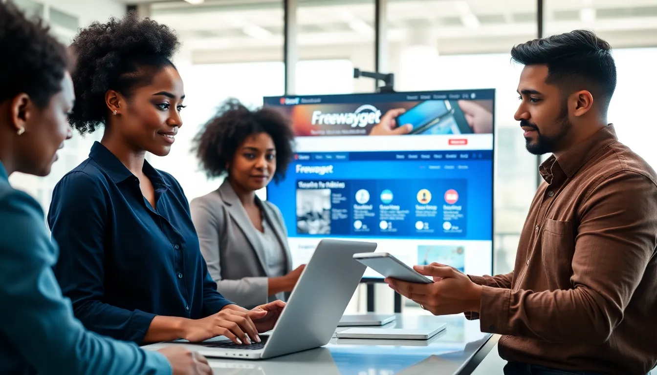 diverse professionals collaborating at a digital workspace.