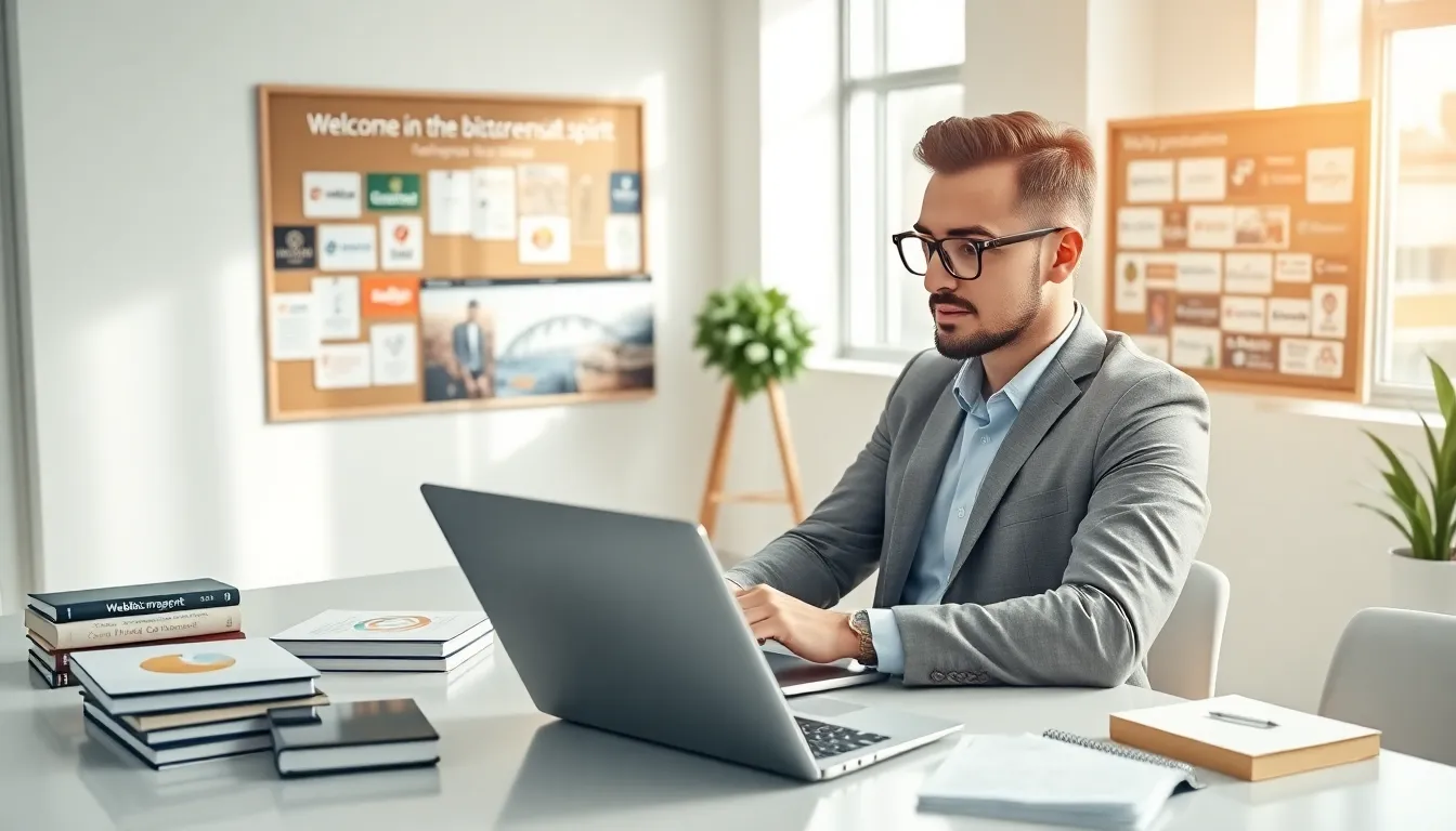 entrepreneur working on a laptop in a modern office setting.