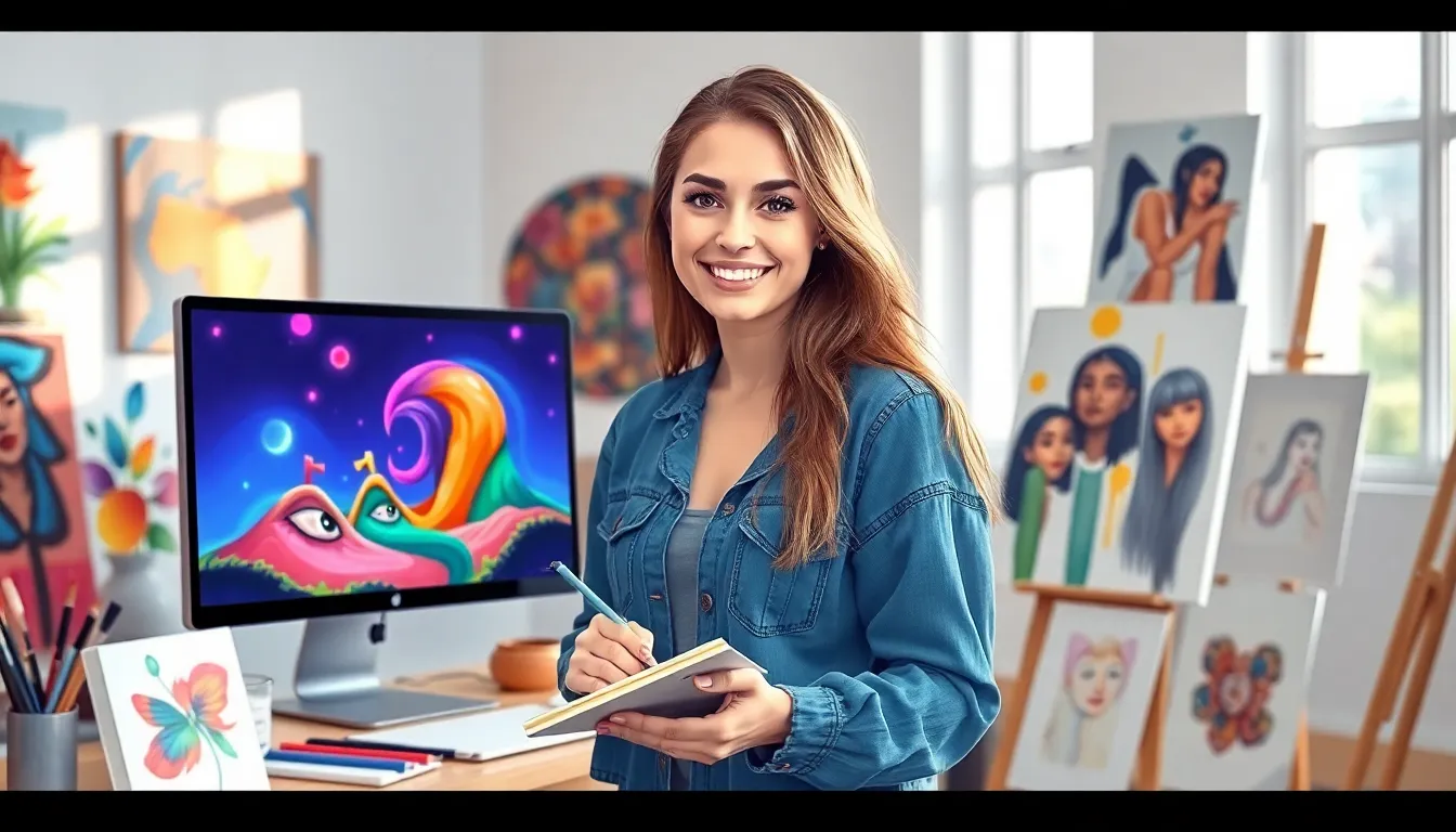 artist in a creative workspace surrounded by her artworks.