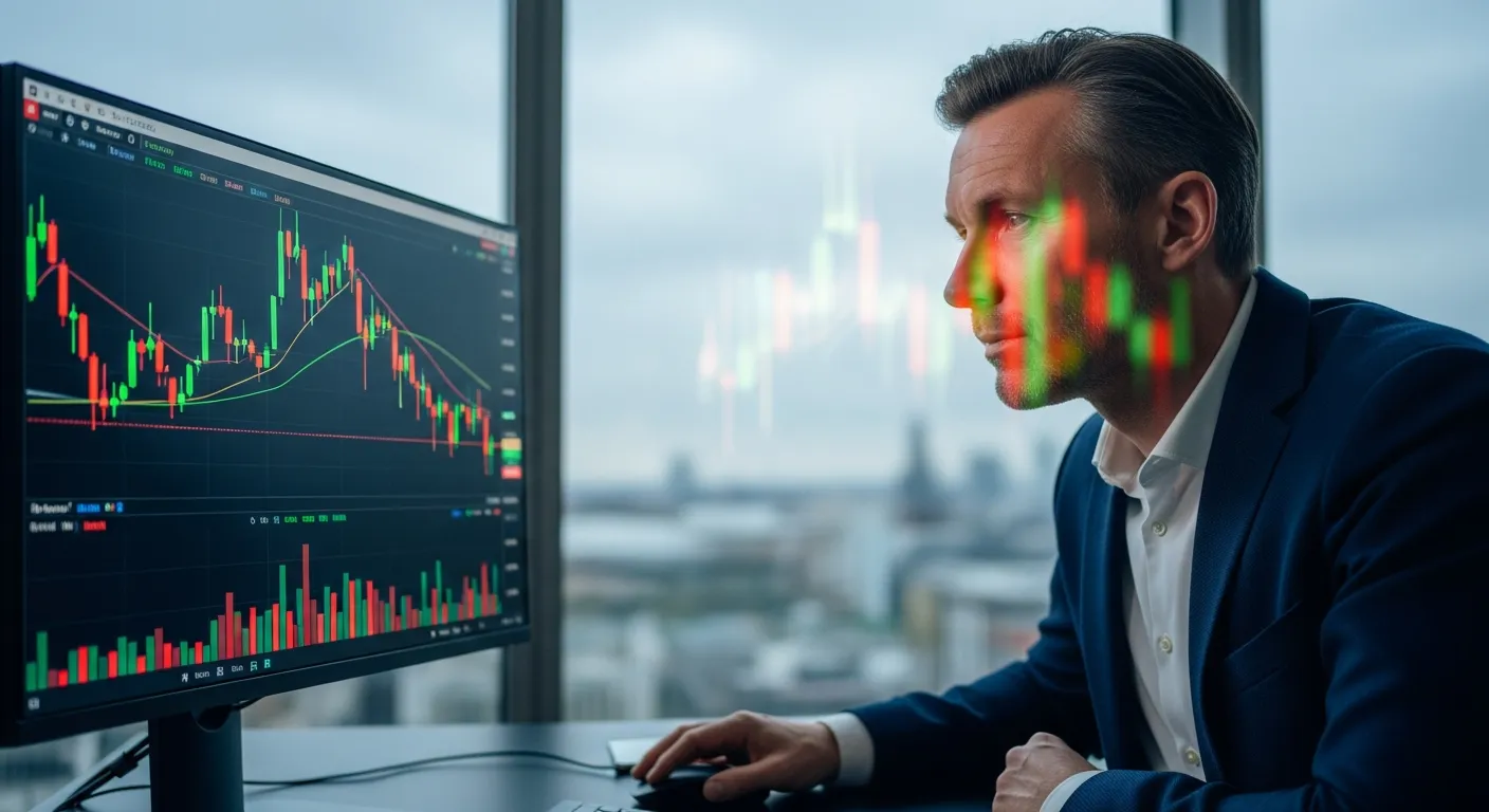 Investor analyzing a stock chart on a trading screen in a London office.