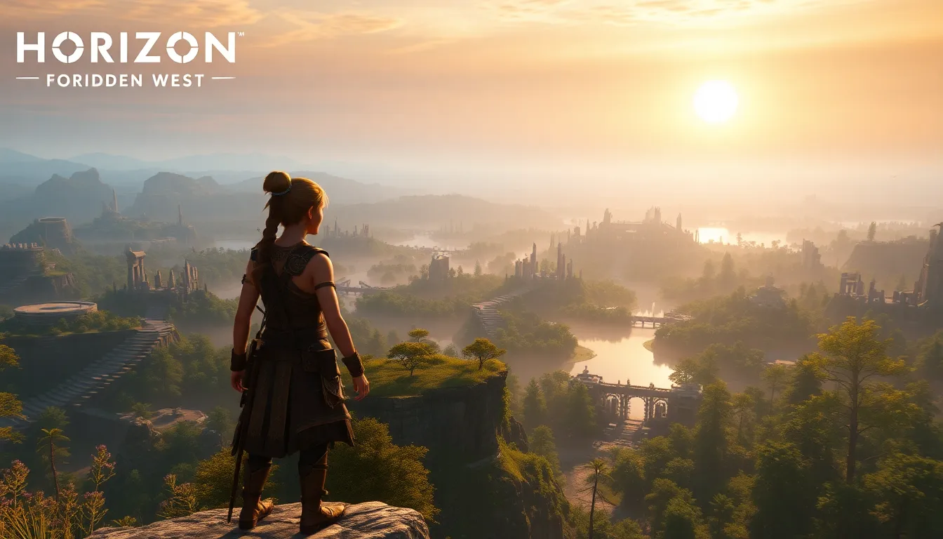 Aloy overlooking a vibrant, post-apocalyptic landscape.