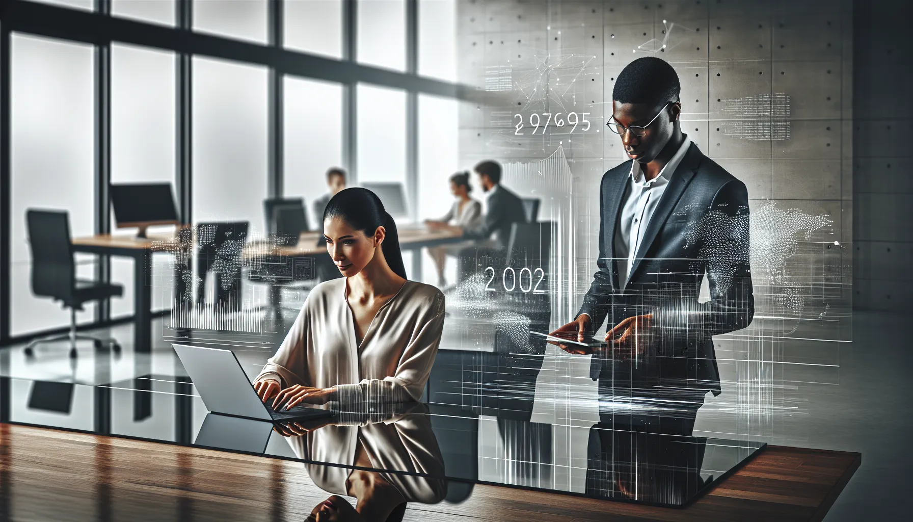 diverse professionals analyzing data in a modern office setting.