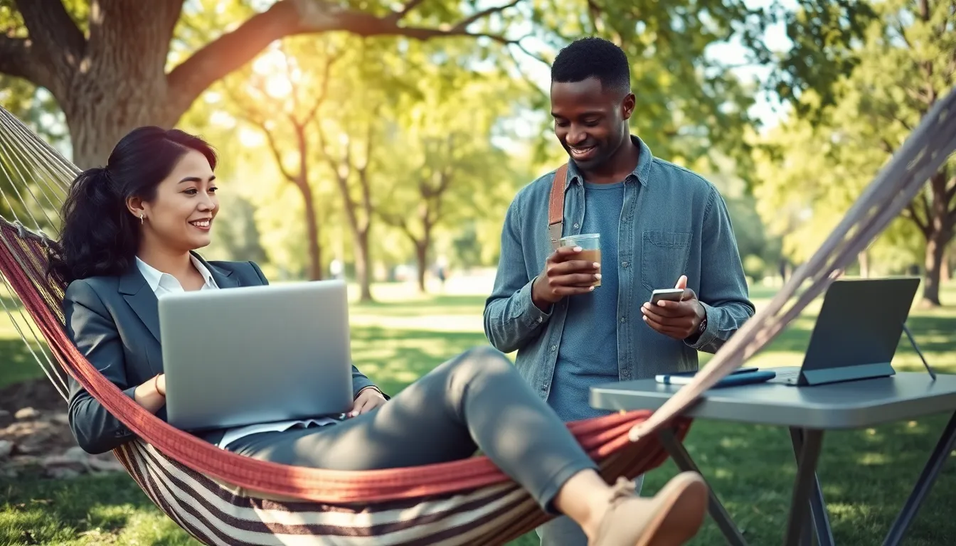 diverse professionals enjoying remote work in a park setting.