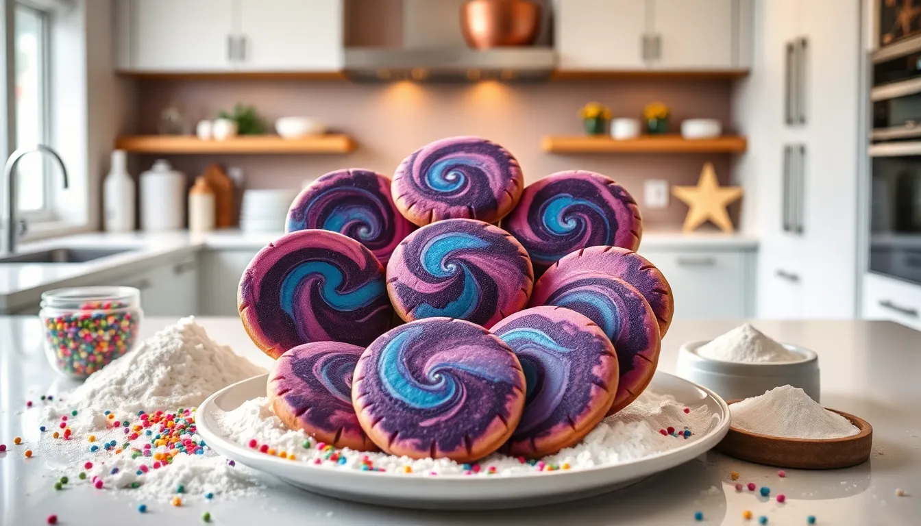 colorful nebula cookies on a modern kitchen counter.