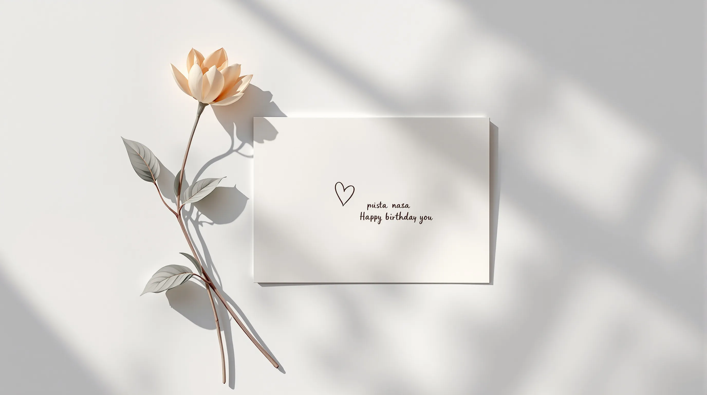 A minimalist greeting card with hand-drawn heart and handwritten message on white background.