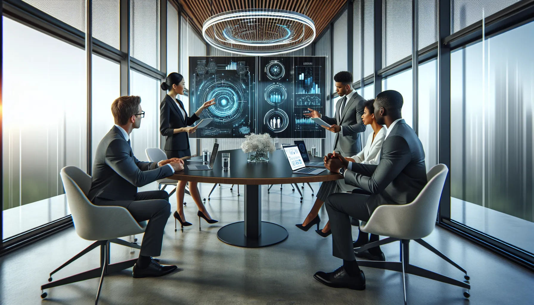 diverse professionals discussing advanced digital communication technology in a modern office.