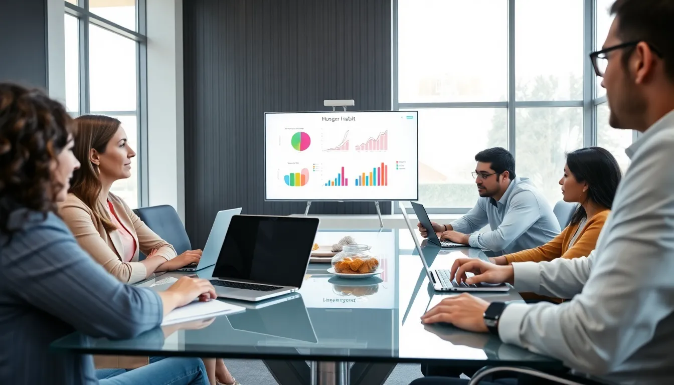 diverse team discussing emotional eating and hunger signals in an office.